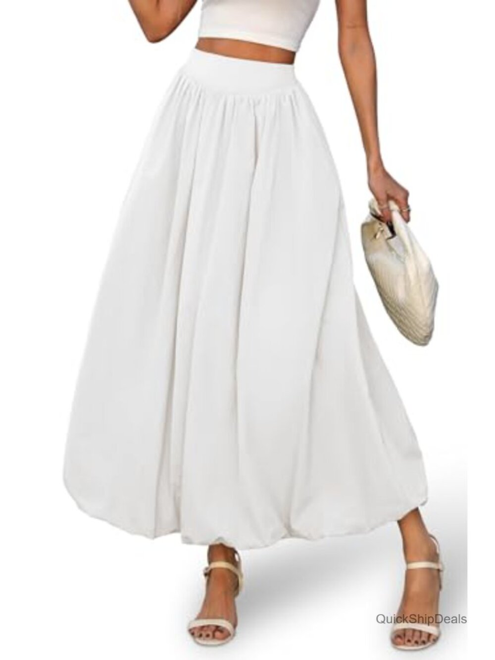 Women's Bubble Maxi Skirt Elastic Waist Puffy Hem A-Line Ankle Length